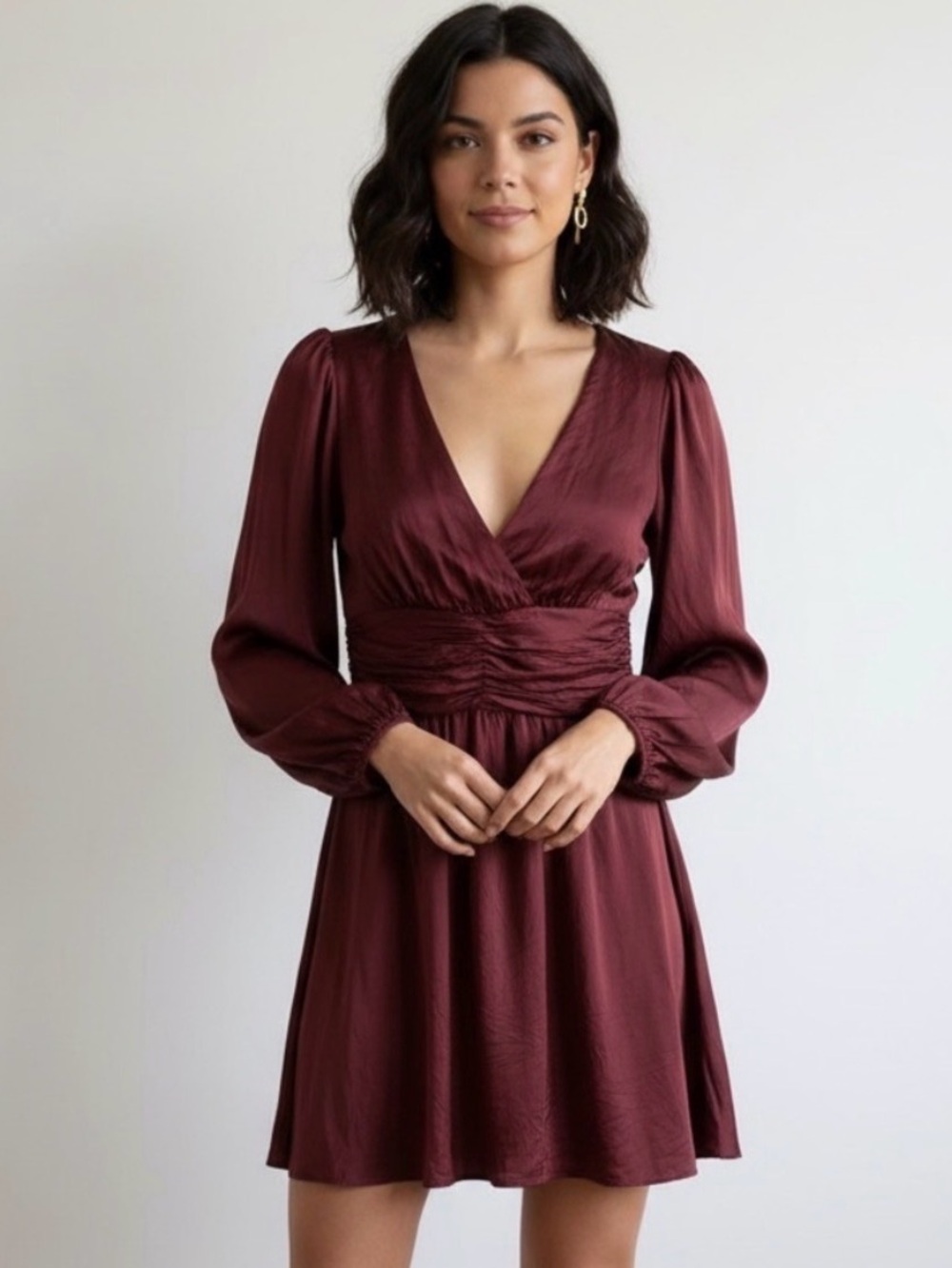 WILFRED ARITZIA Deep Burgundy V-Neck Long Sleeve Rhythm Dress Satin Size Small